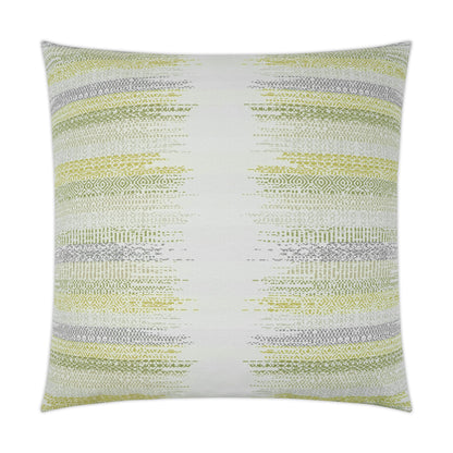 Square decorative throw pillow with abstract horizontal striped pattern in olive green, yellow and gray on off-white.