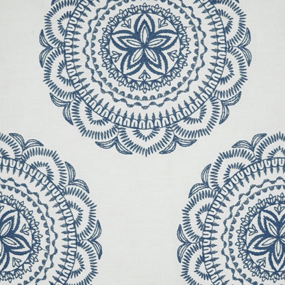 Navy embroidered pillow (24" x 24") featuring three large circular mandala designs and petal details.