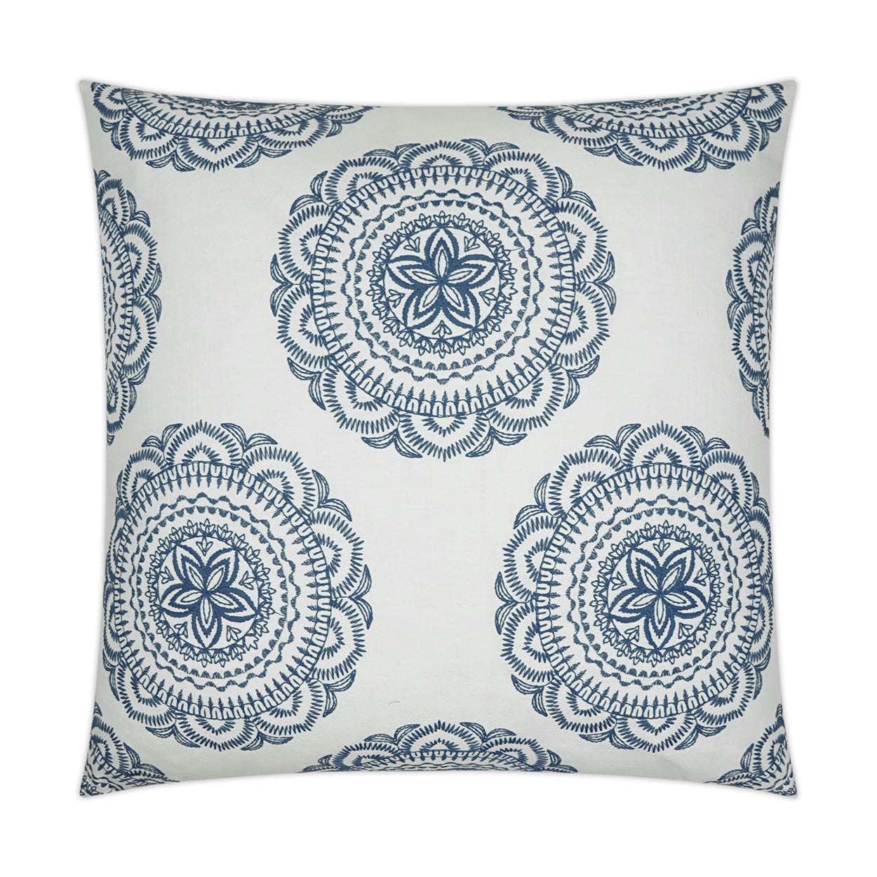 Square navy pillow with floral global embroidery; 24" x 24