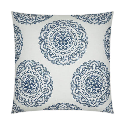 Square navy pillow with floral global embroidery; 24" x 24