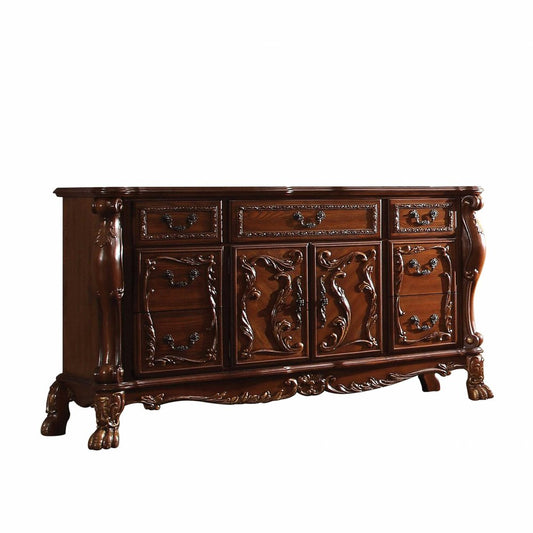 38" Brown Carved Scrollwork Solid Wood Two Door Seven Drawer Combo Dresser