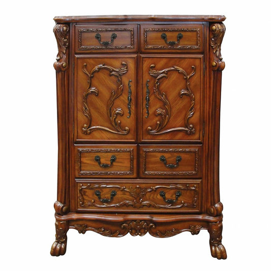 55" Brown Carved Scrollwork Solid Wood Two Door Five Drawer Combo Dresser