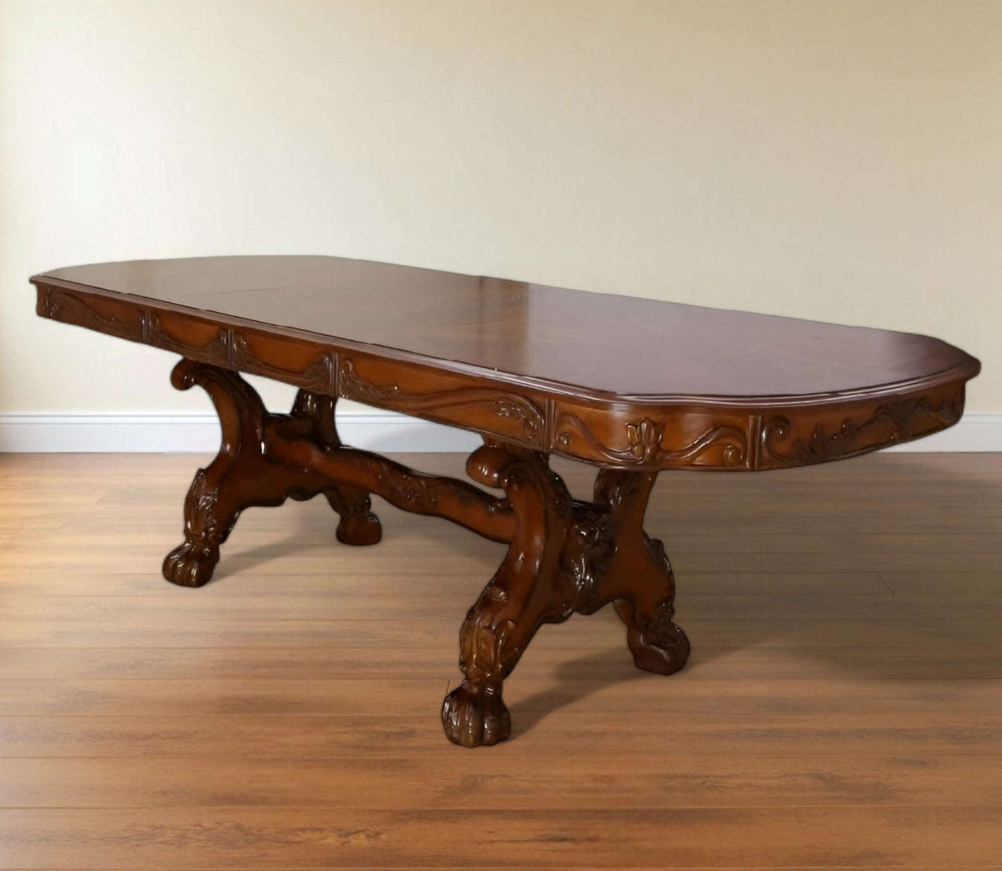 46" Dark Brown Free Form Solid Wood Double Pedestal Base Dining Table