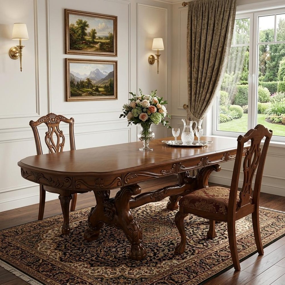 46" Dark Brown Free Form Solid Wood Double Pedestal Base Dining Table