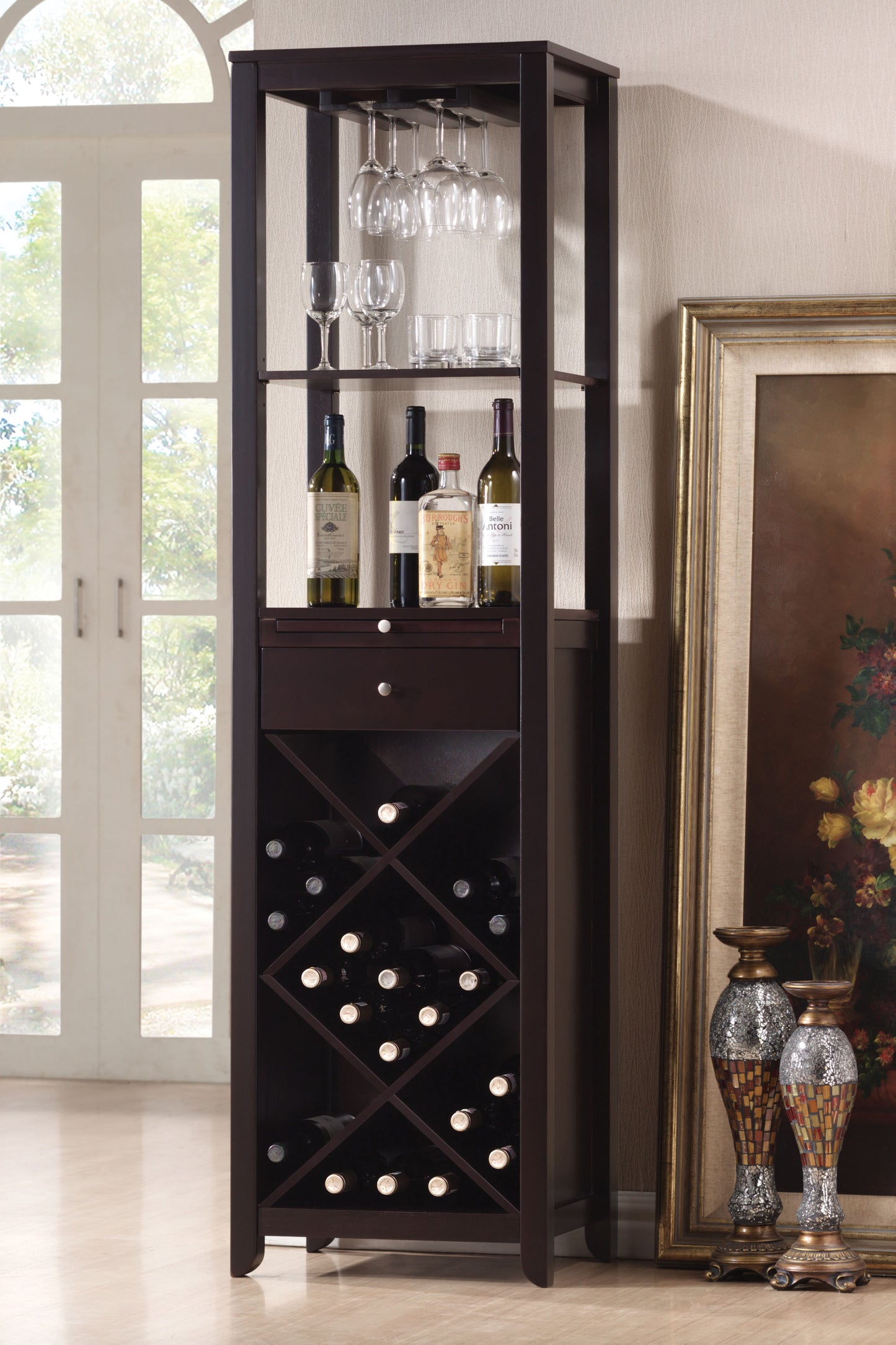 Modern Style Umber Finish Wood Wine Cabinet