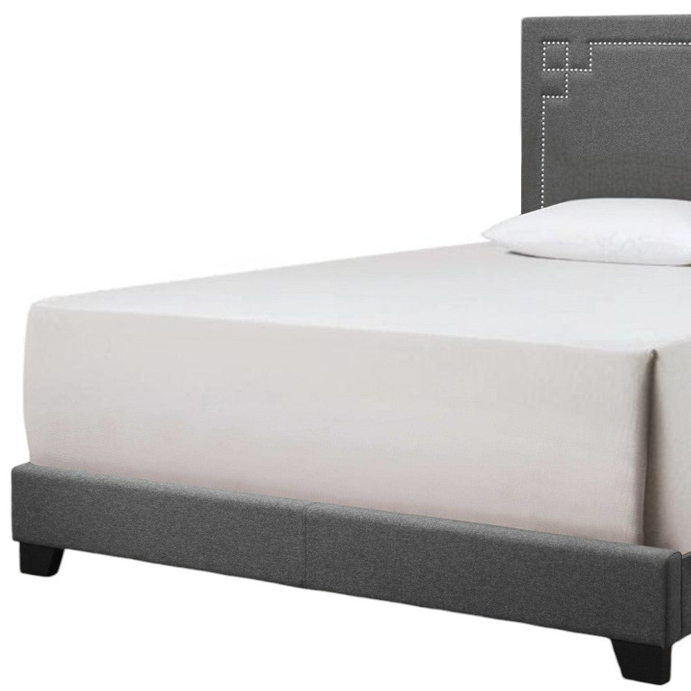 Gray Upholstered Linen Bed Frame with Nailhead Trim