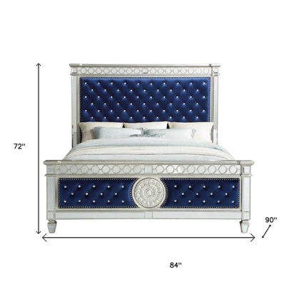 Blue Queen Tufted Upholstered Velvet Bed Frame with Nailhead Trim