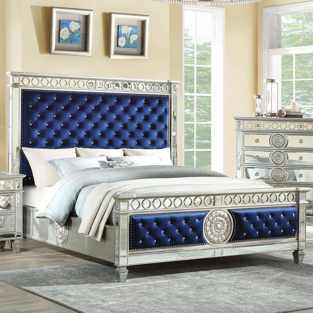 Blue Queen Tufted Upholstered Velvet Bed Frame with Nailhead Trim