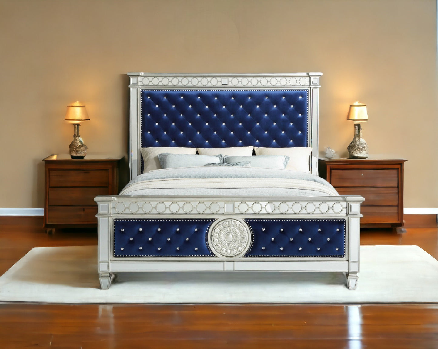 King Tufted Blue Upholstered Velvet Bed With Nailhead Trim