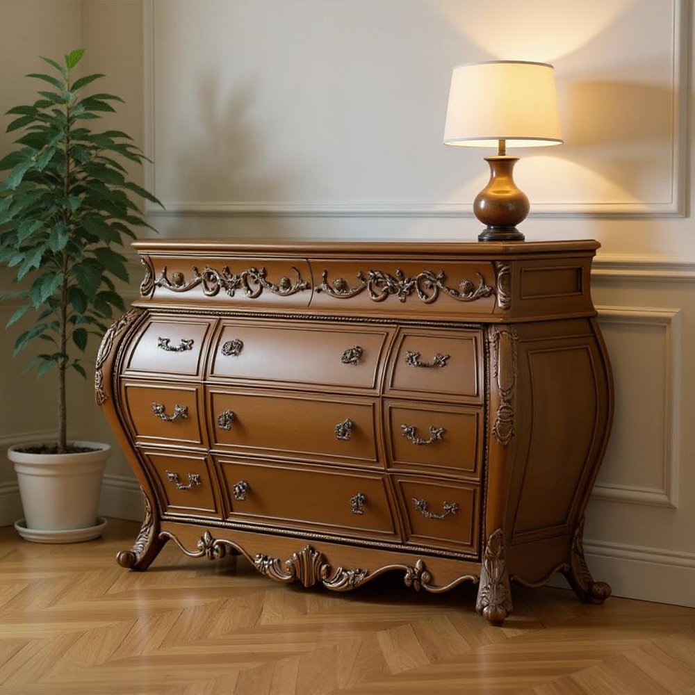 73" Brown Carved Scrollwork Solid Wood Eleven Drawer Triple Dresser