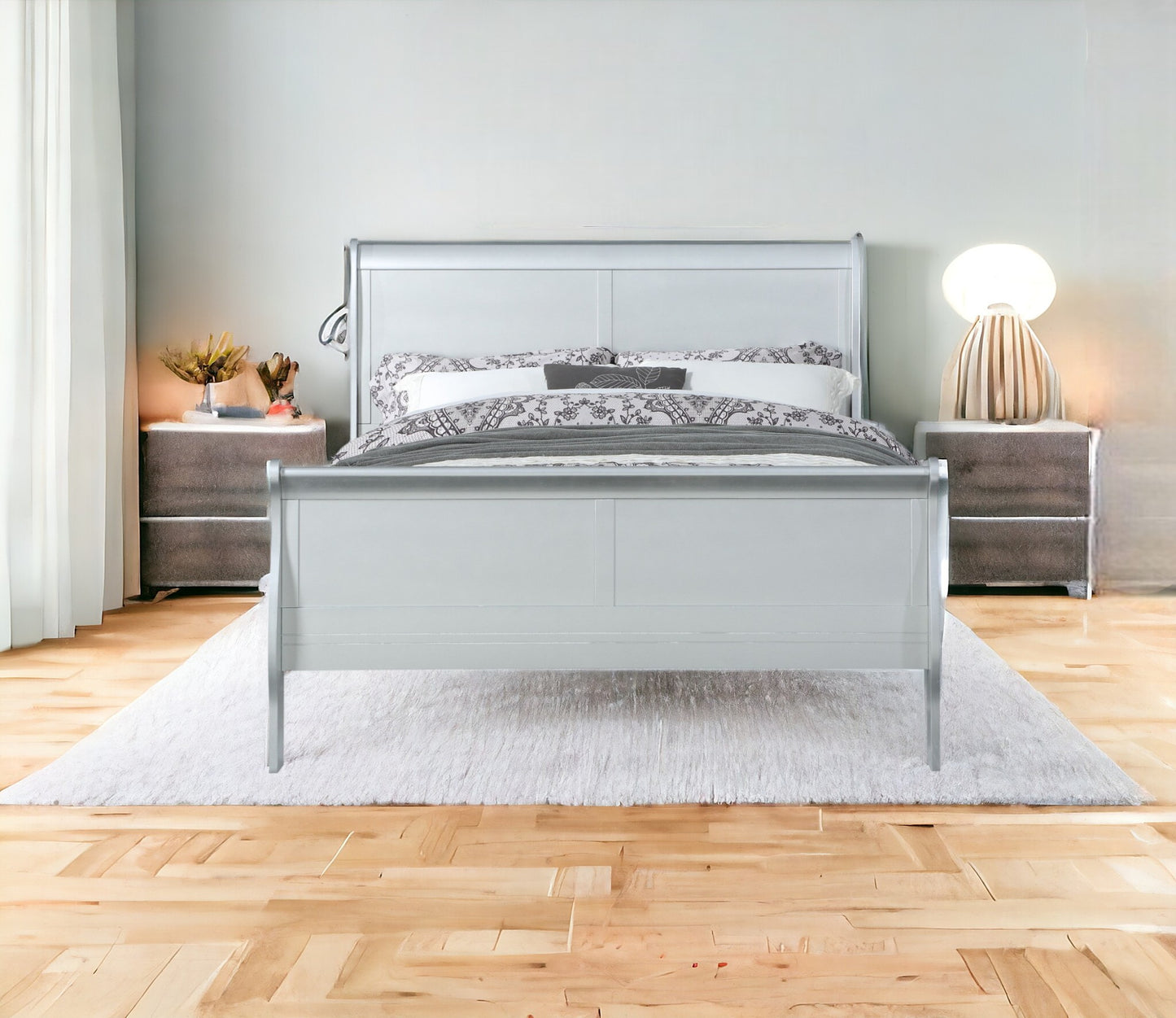 Solid Wood Tufted Silver Bed