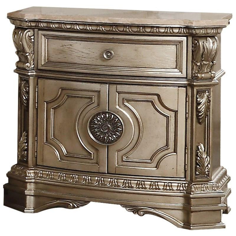 29" Champagne One Drawer Faux Marble and Solid Wood Nightstand With Storage