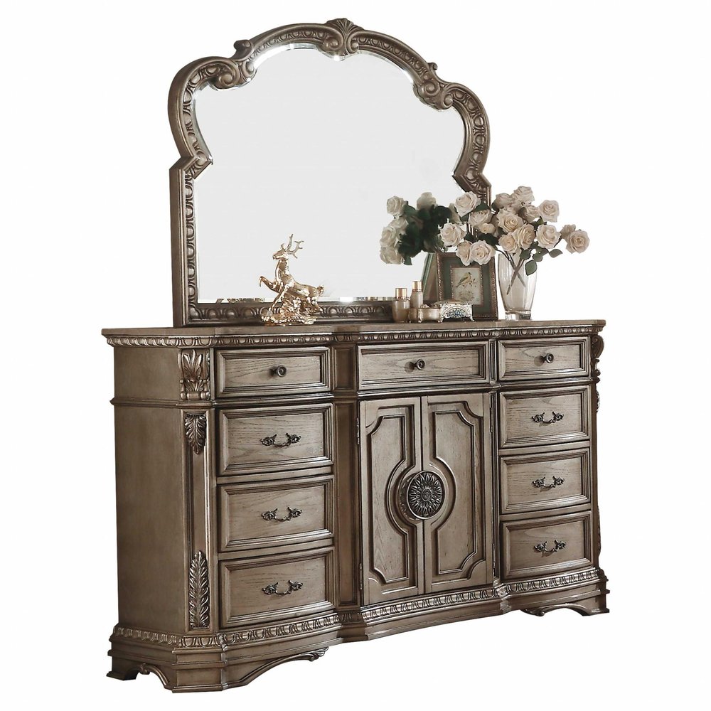 42" Champagne Carved Floral Wood Two Door Nine Drawer Combo Dresser