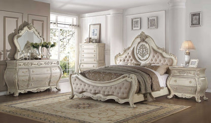 Beige Wood And Tufted Linen Queen Bed Frame With Nailhead Trim
