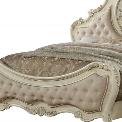 Antiqued White Solid Wood Tufted Upholstered Linen Bed Frame