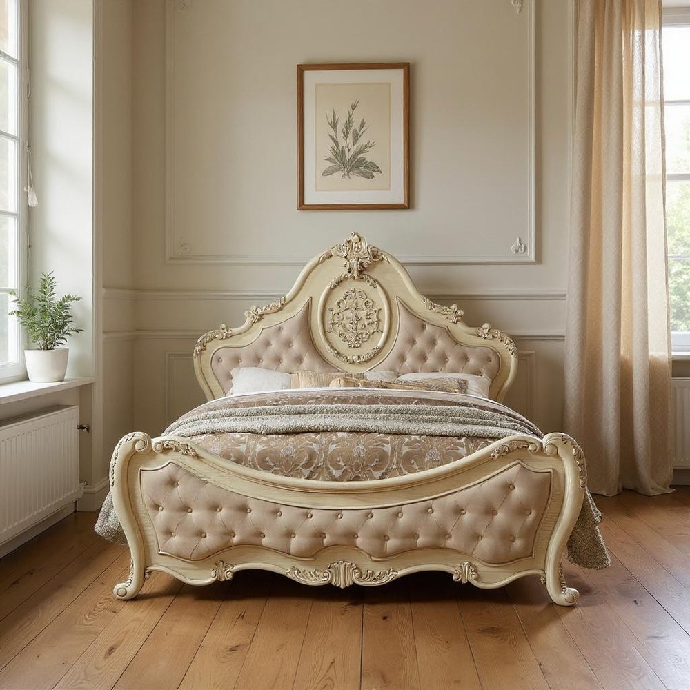 Antiqued White Solid Wood Tufted Upholstered Linen Bed Frame