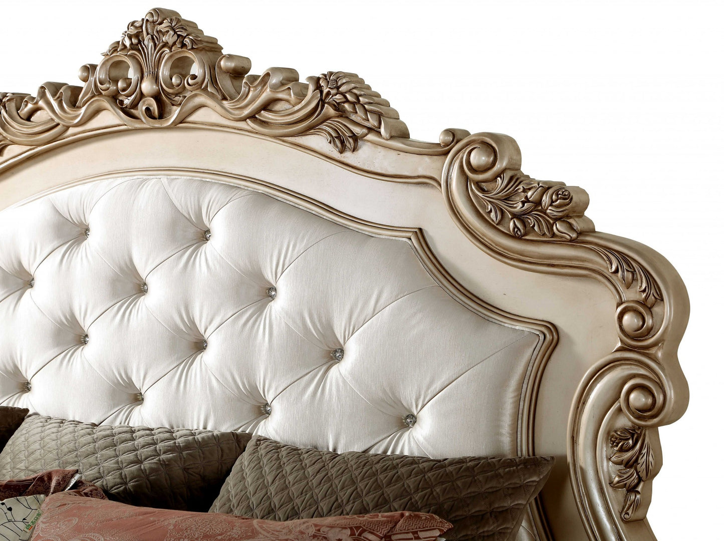 Antiqued White Queen Tufted Upholstered Silk Bed Frame with Nailhead Trim