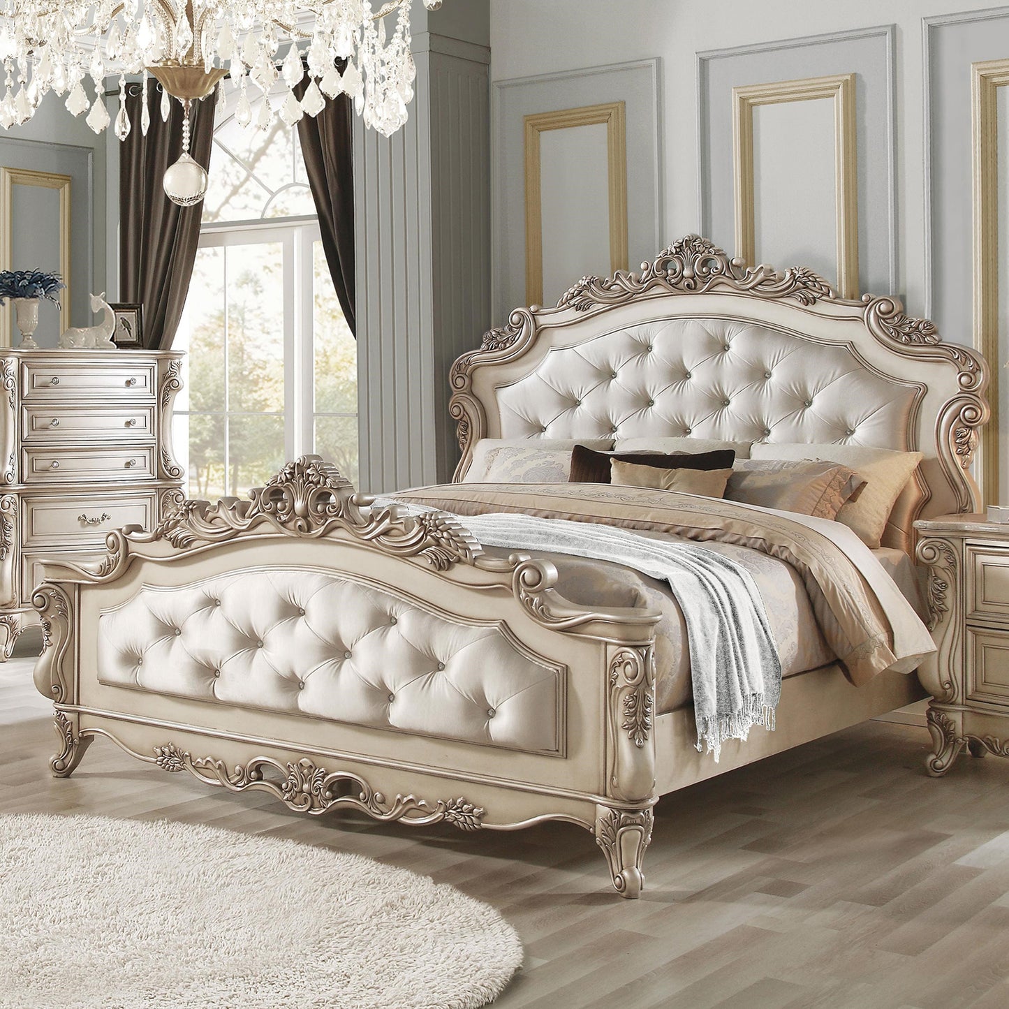 Antiqued White Queen Tufted Upholstered Silk Bed Frame with Nailhead Trim