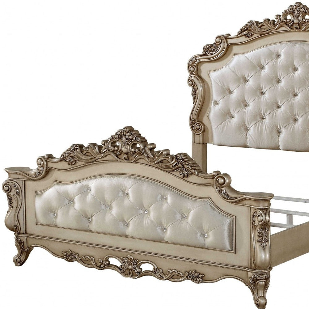 Antiqued White Queen Tufted Upholstered Silk Bed Frame with Nailhead Trim