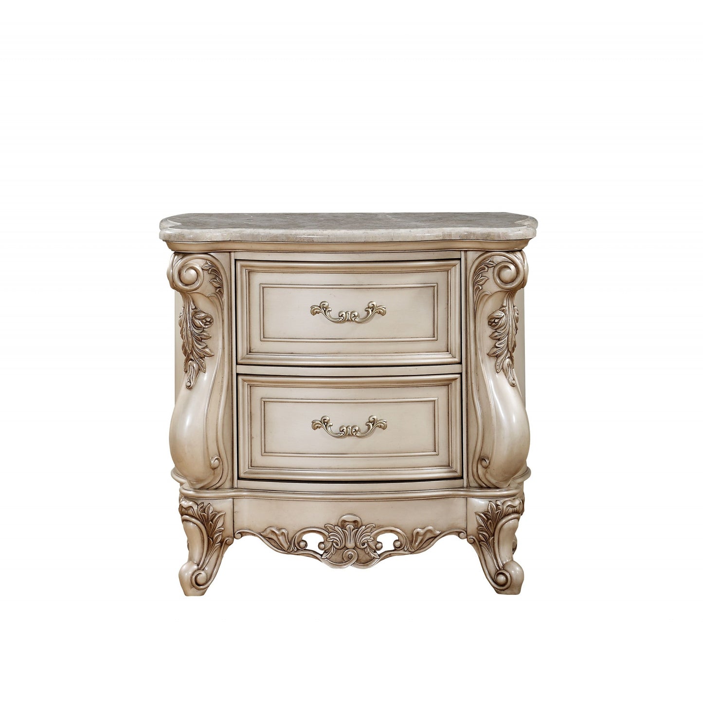 32" Antiqued White Two Drawers Mirrored Nightstand