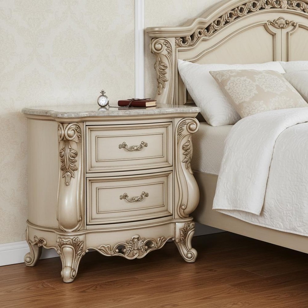 32" Antiqued White Two Drawers Mirrored Nightstand