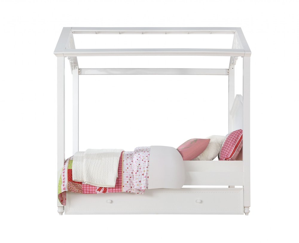 White wood twin canopy bed frame.