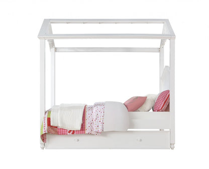 White wood twin canopy bed frame.