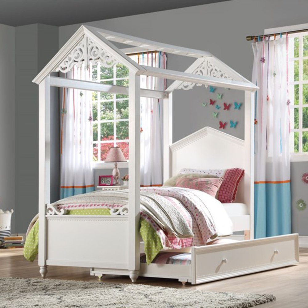 White wood twin canopy bed frame