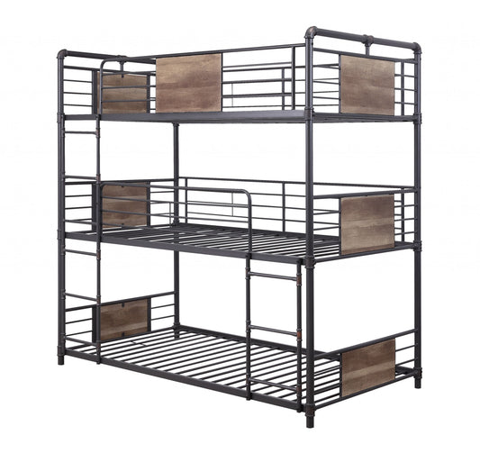 43" X 79" X 79" Sandy Black Dark Bronze Handbrushed Metal Wood Triple Bunk Bed  Twin