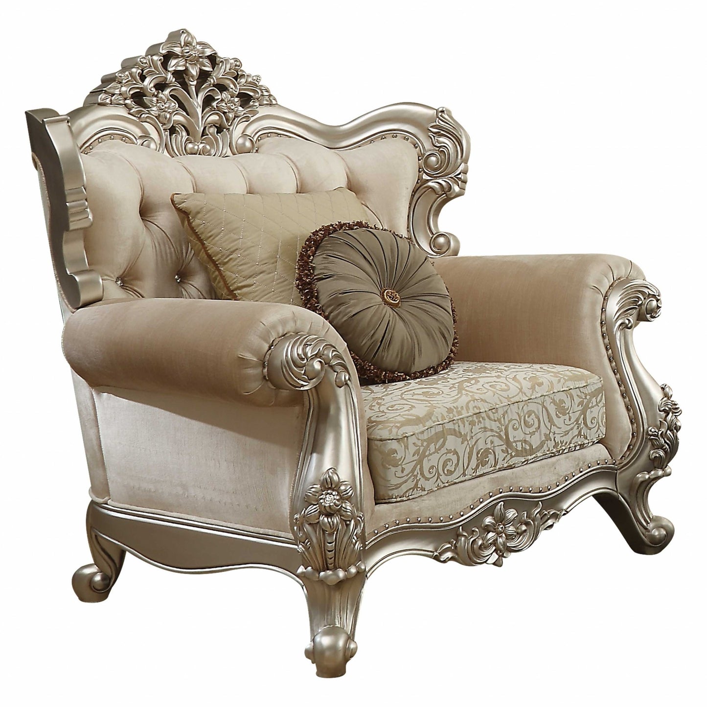 39" Champagne And Silver Fabric Damask Chair and a Half And Toss Pillows