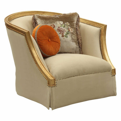 41" Tan and Gold Distressed Club Chair And Toss Pillows