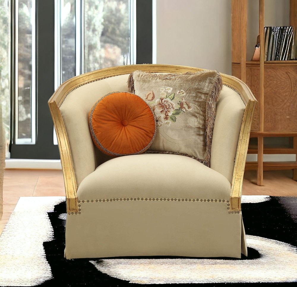 41" Tan and Gold Distressed Club Chair And Toss Pillows