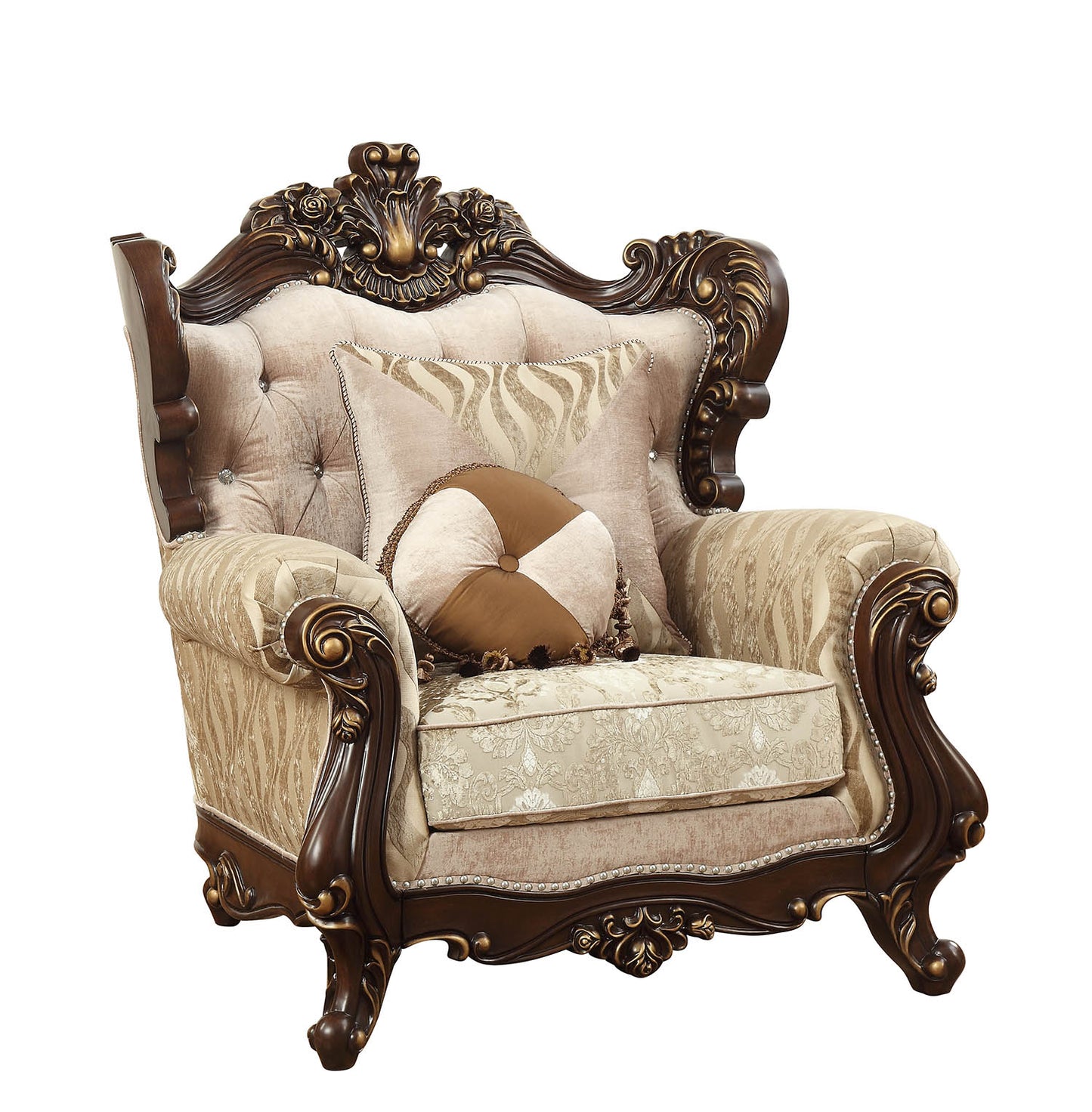 36" Beige And Brown Fabric Damask Tufted Chesterfield Chair