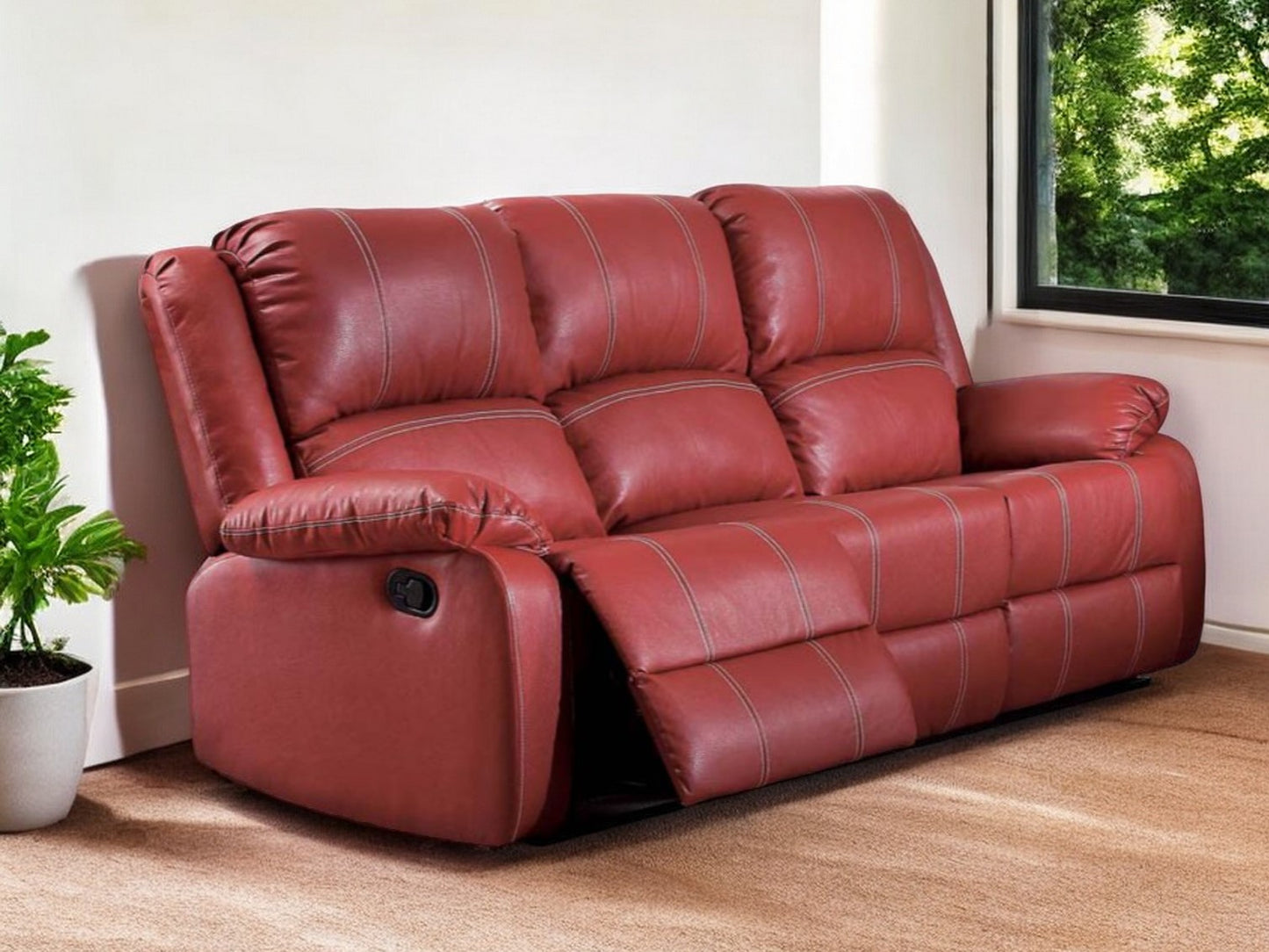 81" Red Faux Leather Reclining Sofa With Black Legs
