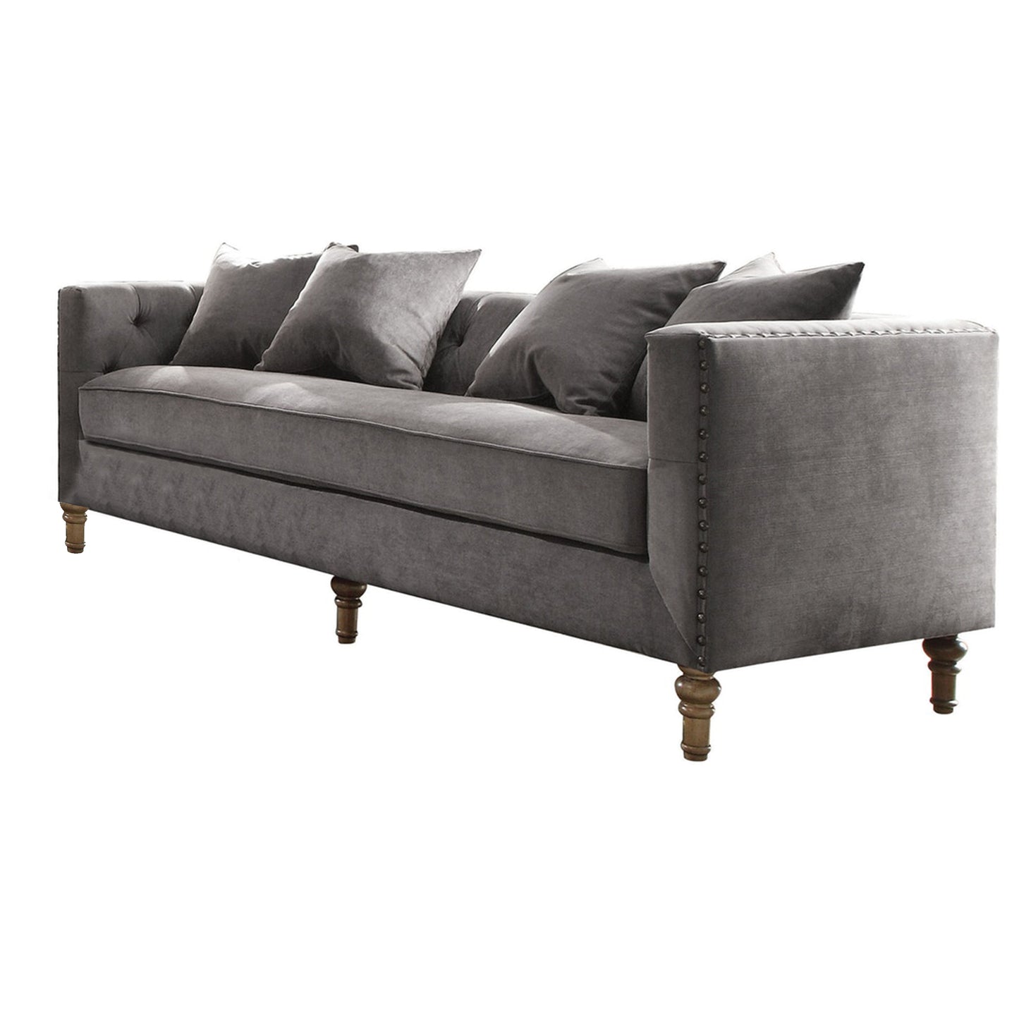 34" Gray Velvet Sofa And Toss Pillows With Brown Legs