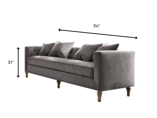 34" Gray Velvet Sofa And Toss Pillows With Brown Legs