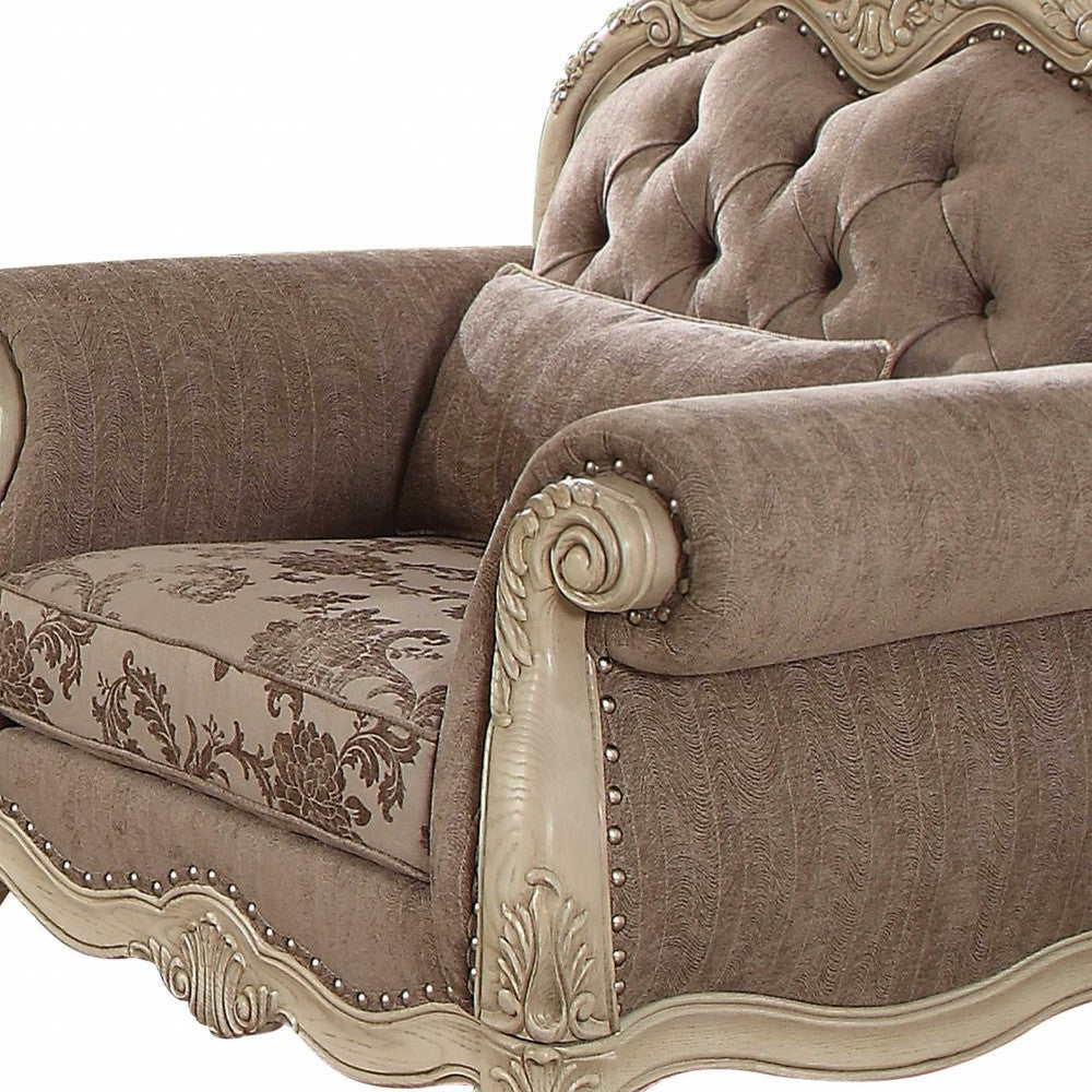 35" Brown and Champagne Linen Damask Tufted Arm Chair and Toss Pillow