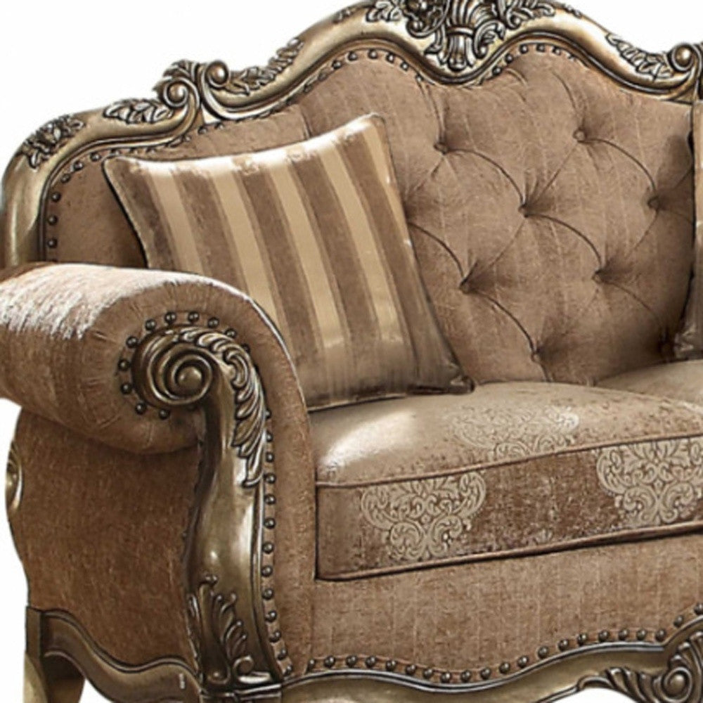 69" Brown And Platinum Damask Chesterfield Loveseat