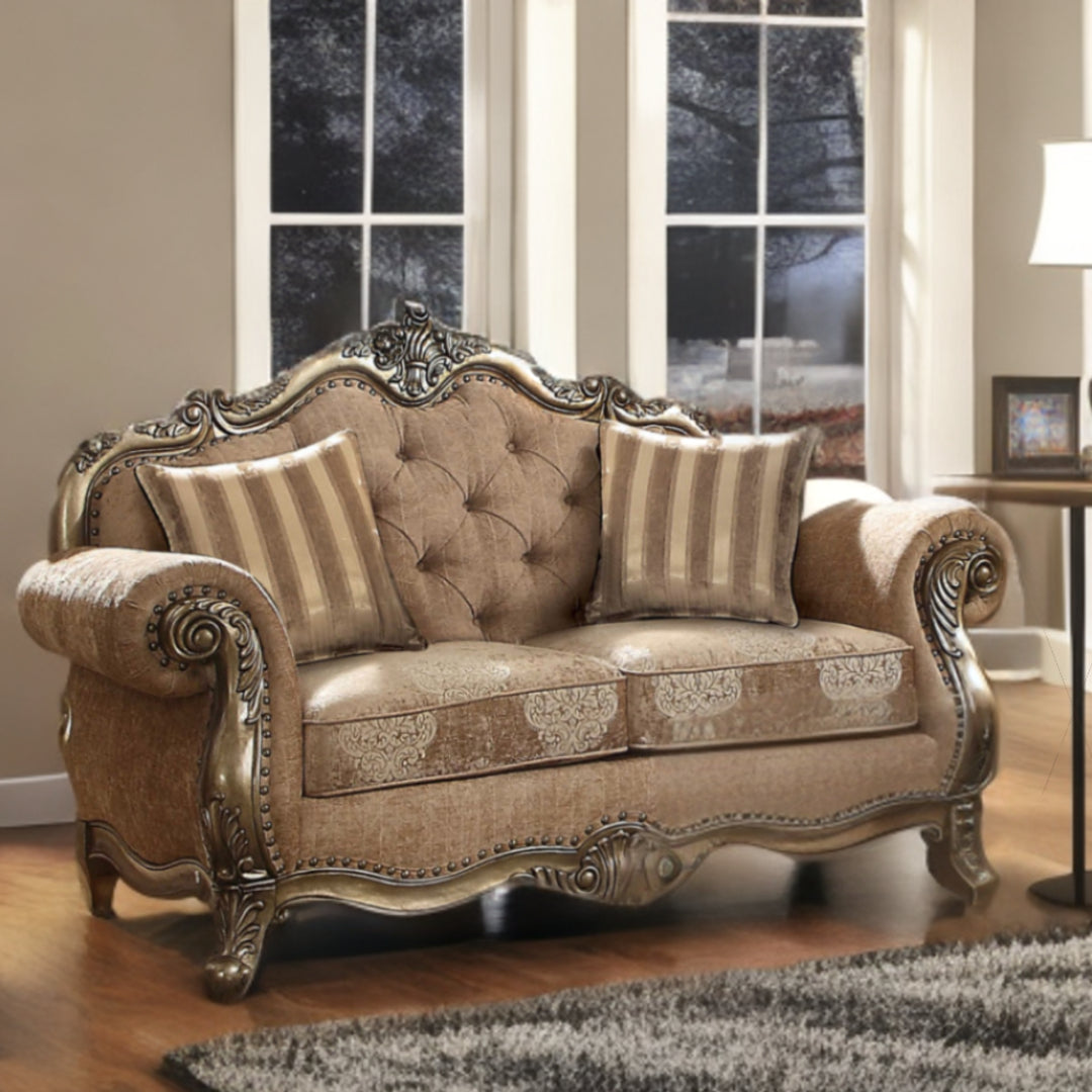 69" Brown And Platinum Damask Chesterfield Loveseat