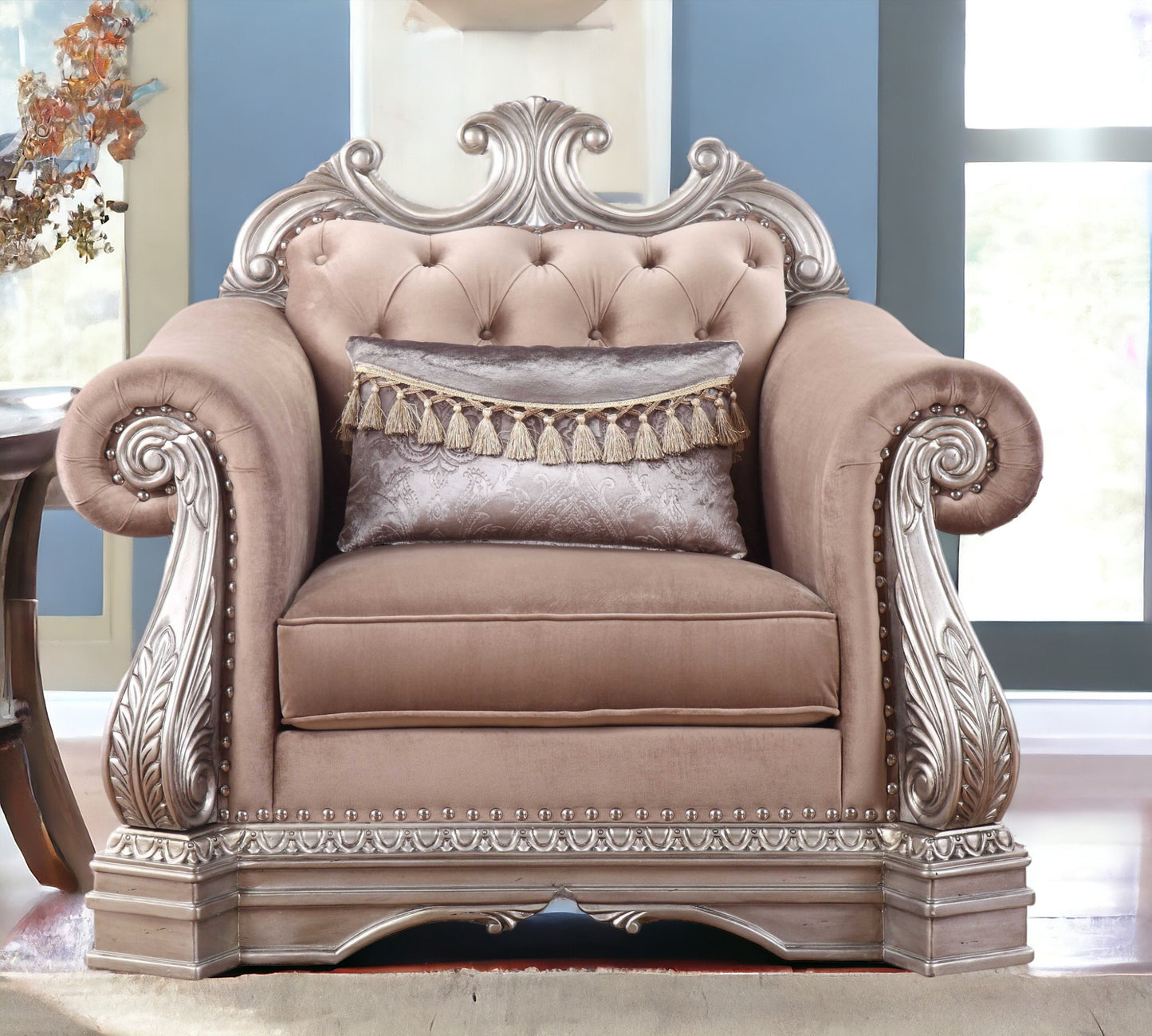 42" Cherry Blossom Pink And Gray Velvet Tufted Chesterfield Chair