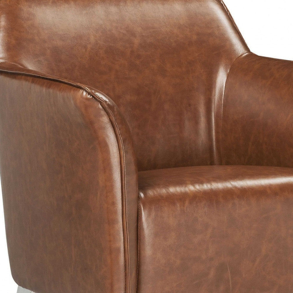 31" Brown And Silver Faux Leather Arm Chair
