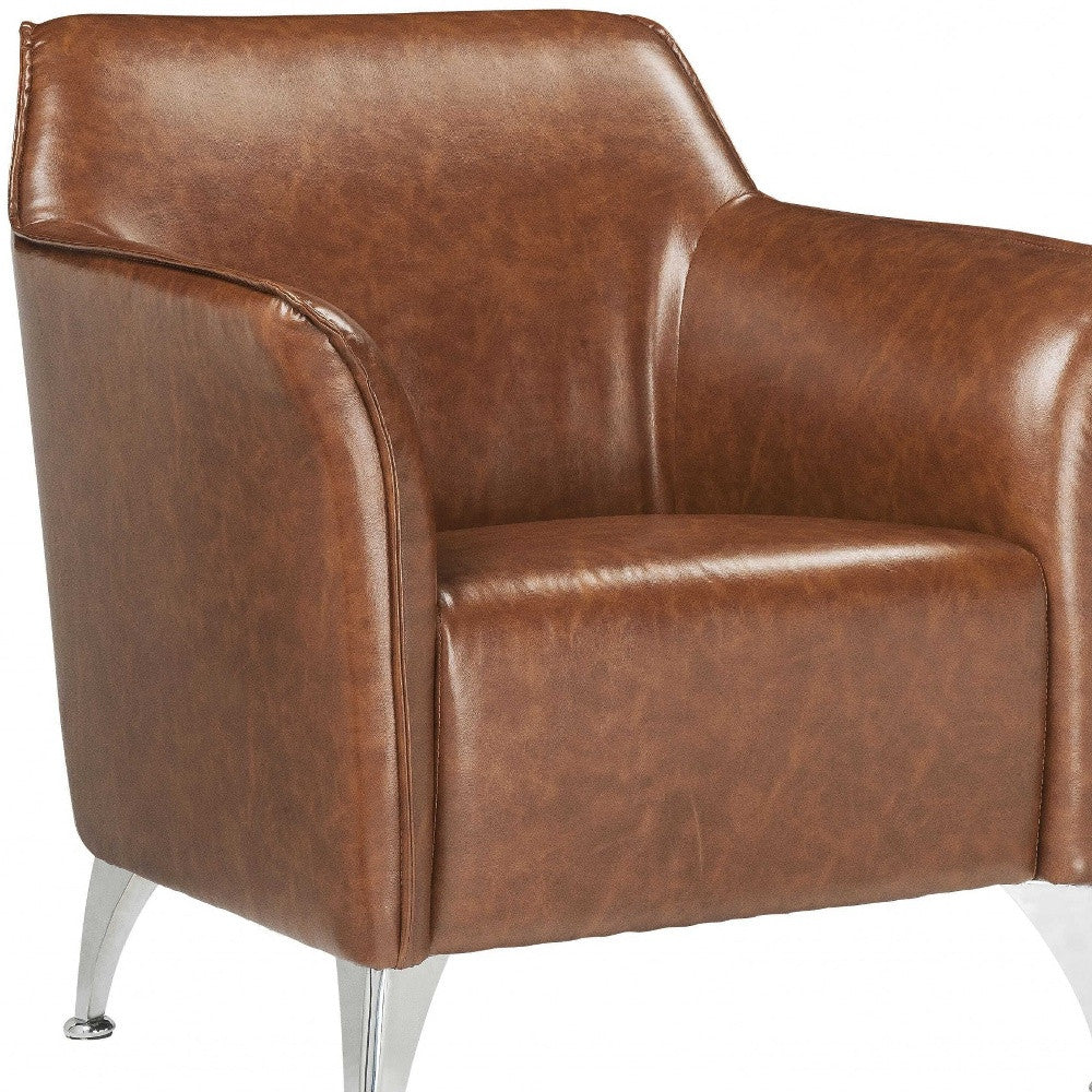 31" Brown And Silver Faux Leather Arm Chair