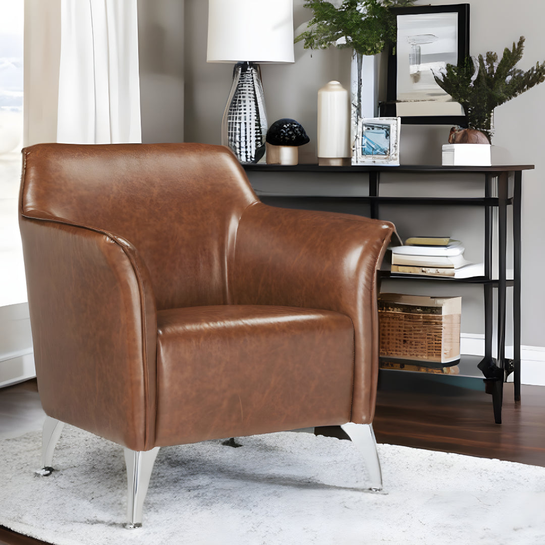 31" Brown And Silver Faux Leather Arm Chair