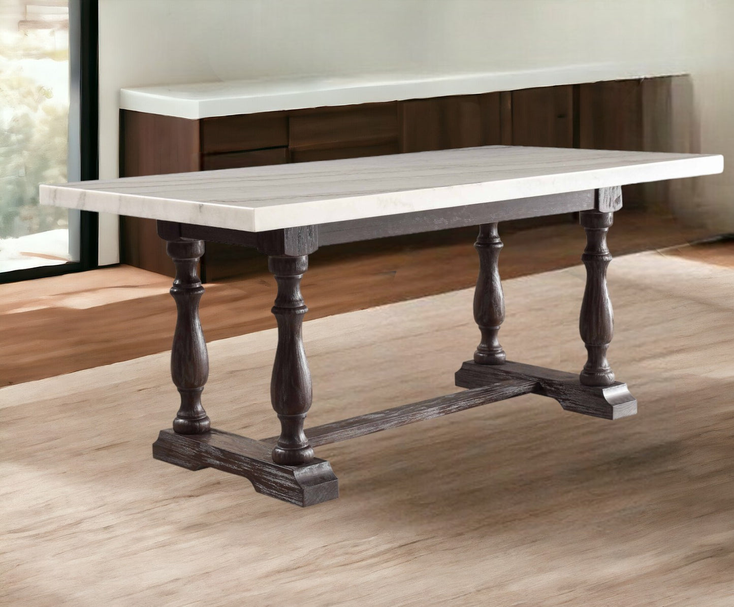 38" White And Gray Marble And Solid Wood Trestle Base Dining Table