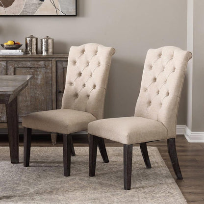 Set of Two Tufted Beige and Espresso Upholstered Linen Dining Side Chairs