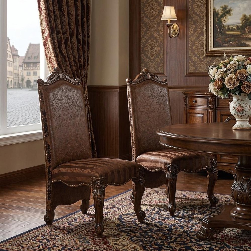 Set of Two Brown Upholstered Faux Leather Queen Anne Back Dining Side Chairs
