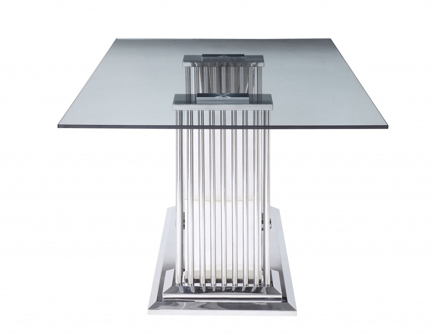 39" Clear And Silver Glass And Stainless Steel Trestle Base Dining Table