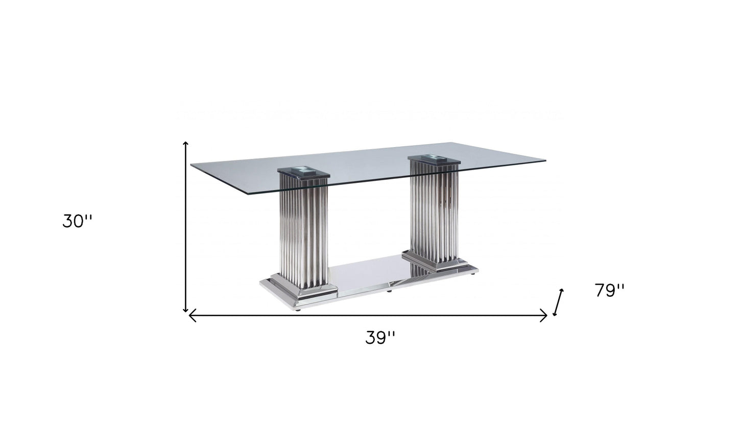 39" Clear And Silver Glass And Stainless Steel Trestle Base Dining Table