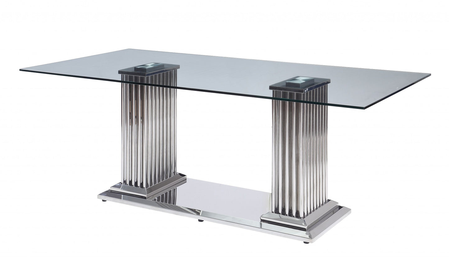 39" Clear And Silver Glass And Stainless Steel Trestle Base Dining Table
