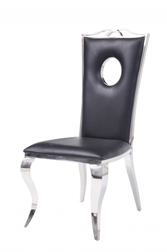 Set of Two Black And Silver Upholstered Faux Leather Dining Side Chairs